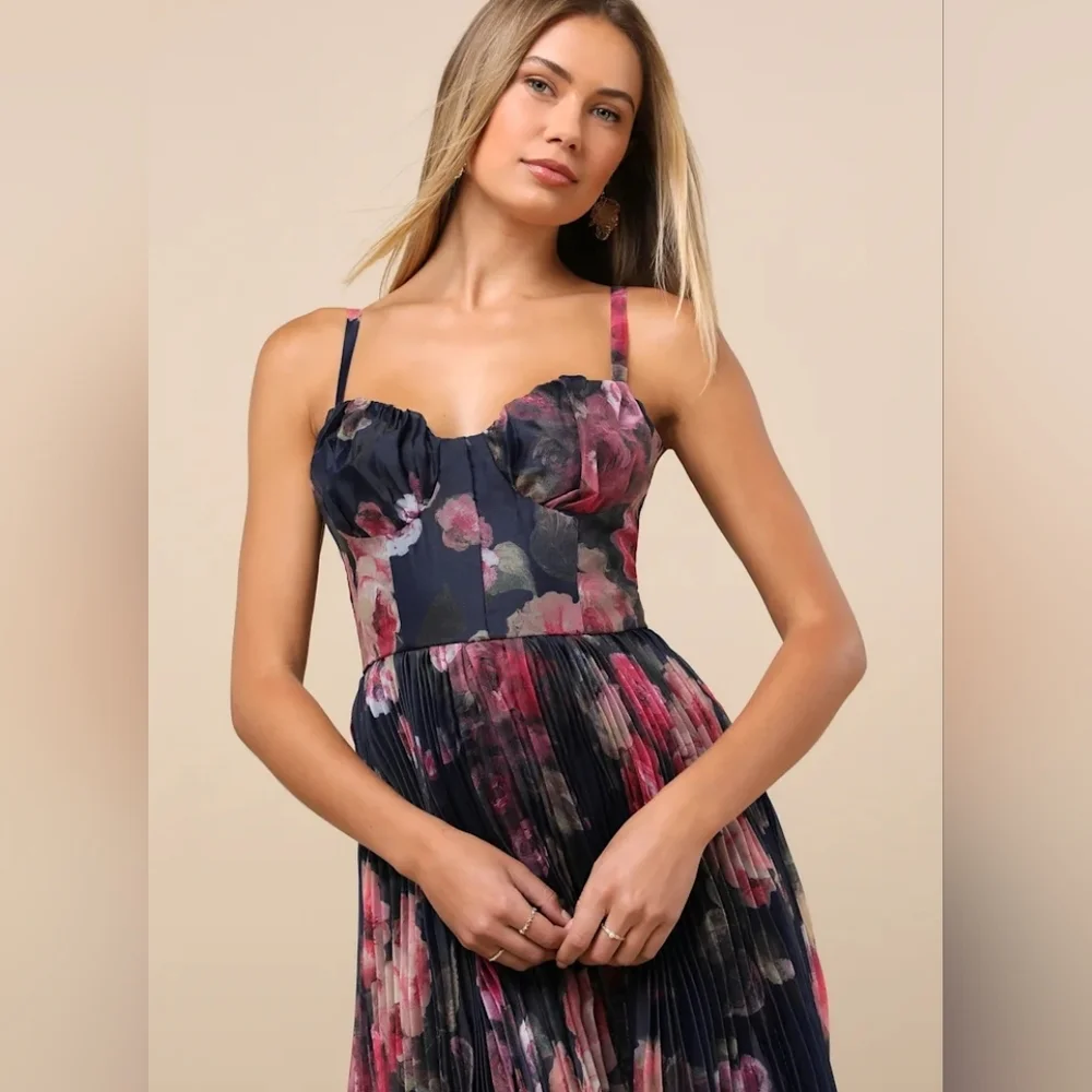 Lulus Alluring Invite Midnight Blue Floral Pleated Bustier Midi Dress - Picture 3 of 6